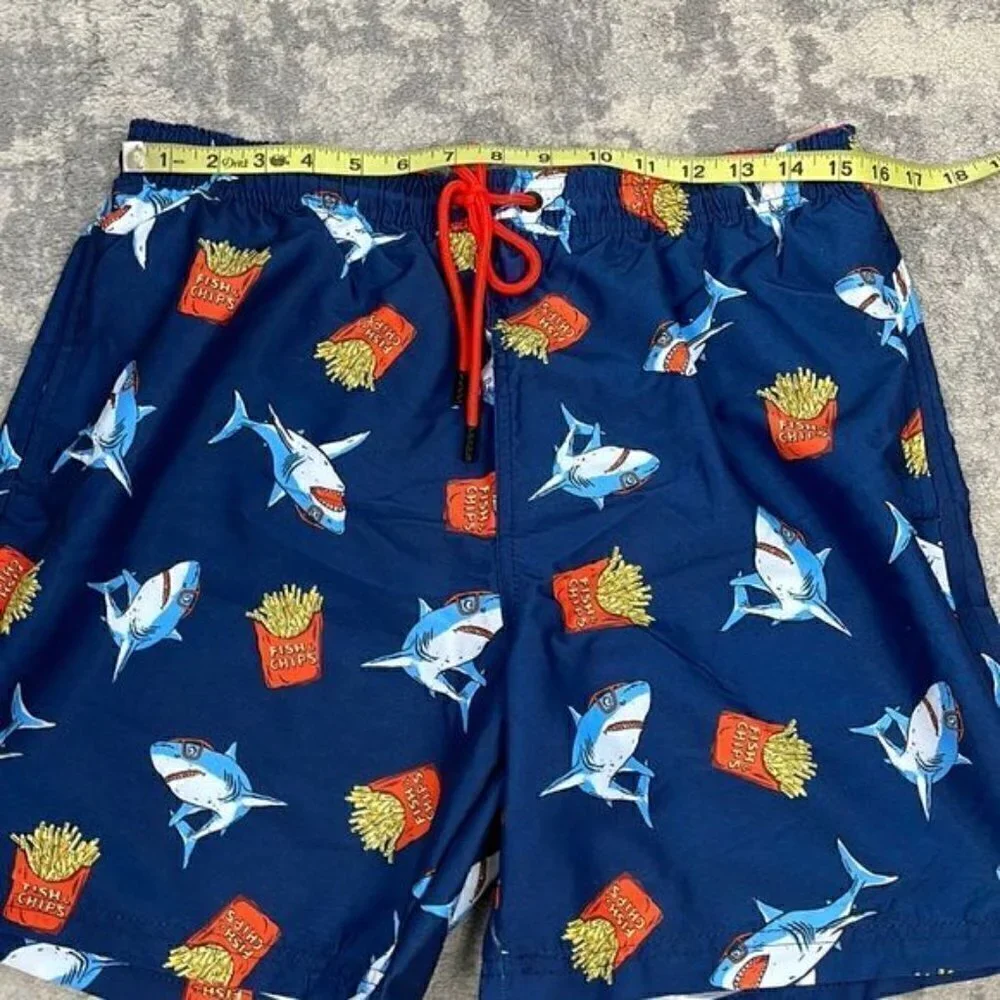 NWT Broken Threads Surf Navy Blue Great White Sharks French Fries Swim Trunks M